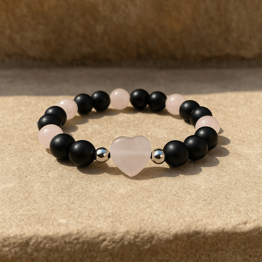 Crystal Heart Bracelet with Gemstone – Rose Quartz, Agate, Opal, Obsidian, Tiger’s Eye, Citrine, Lapis Lazuli, Aventurine - 8mm