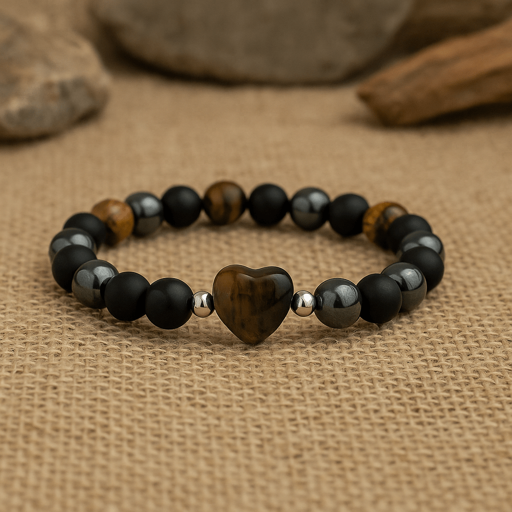 Tiger’s Eye Crystal Heart Bracelet - 8mm - crystal lava stone bracelet - Aroma Paradise