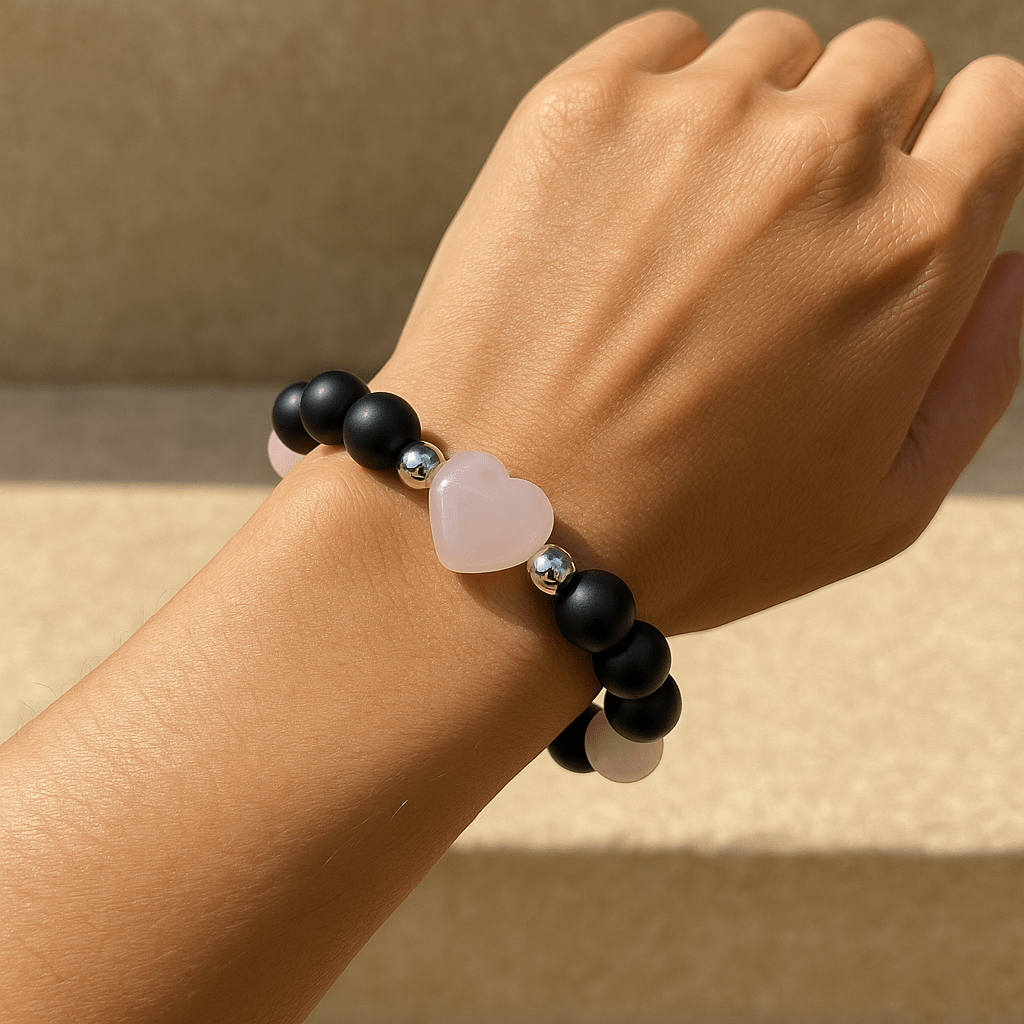 Rose Quartz Heart Crystal Bracelet - 8mm - crystal lava stone bracelet - alternate view - Aroma Paradise