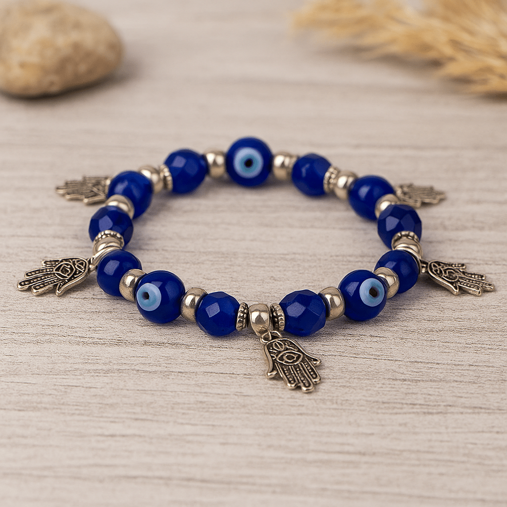 Evil Eye Bracelet - Beaded Design with Charms - 8mm - crystal lava stone bracelet - detail view - Aroma Paradise