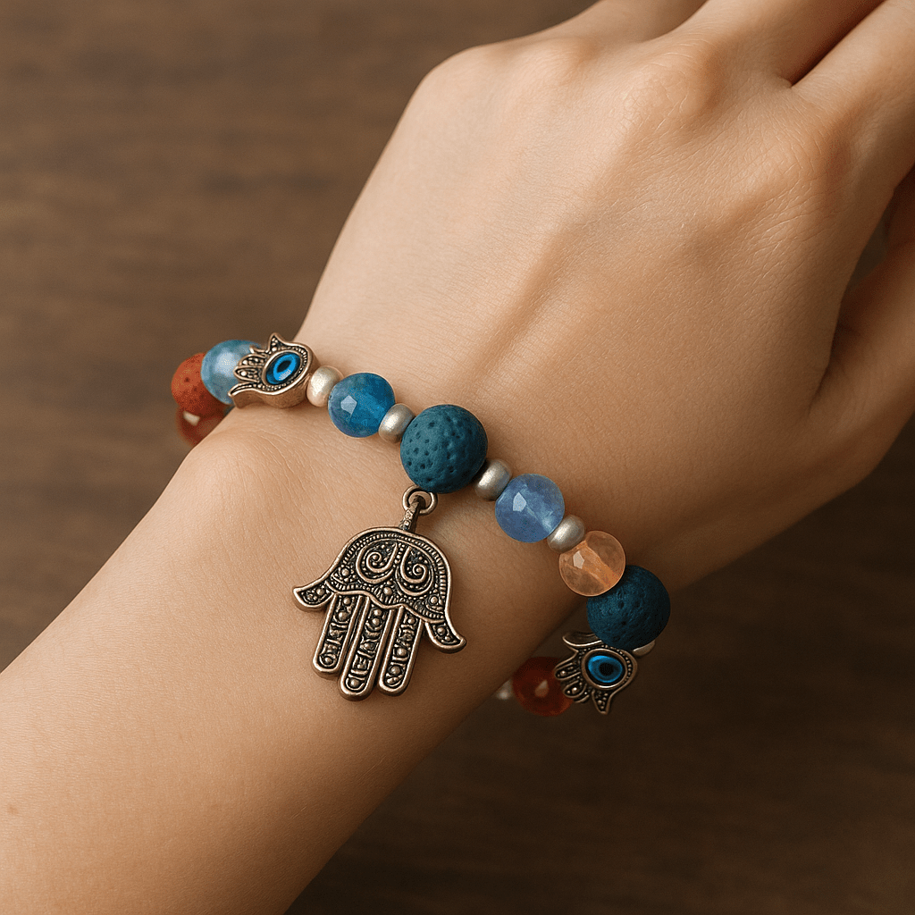 Evil Eye Bracelet - Beaded Design with Charms - 8mm - crystal lava stone bracelet - Aroma Paradise