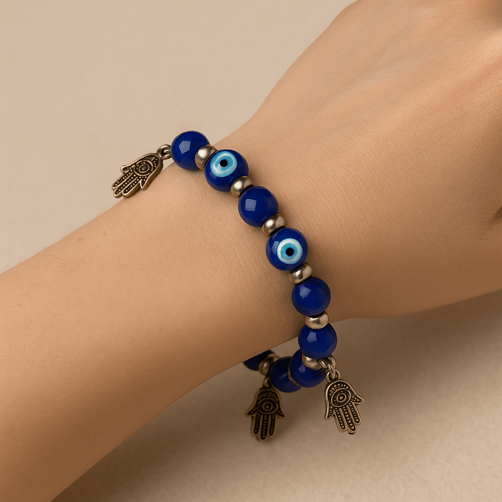 Evil Eye Bracelet - Beaded Design with Charms - 8mm - crystal lava stone bracelet - in use - Aroma Paradise