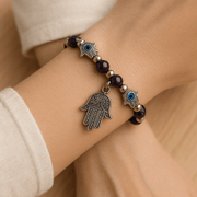 Evil Eye Bracelet - Beaded Design with Charms - 8mm - crystal lava stone bracelet - lifestyle shot - Aroma Paradise