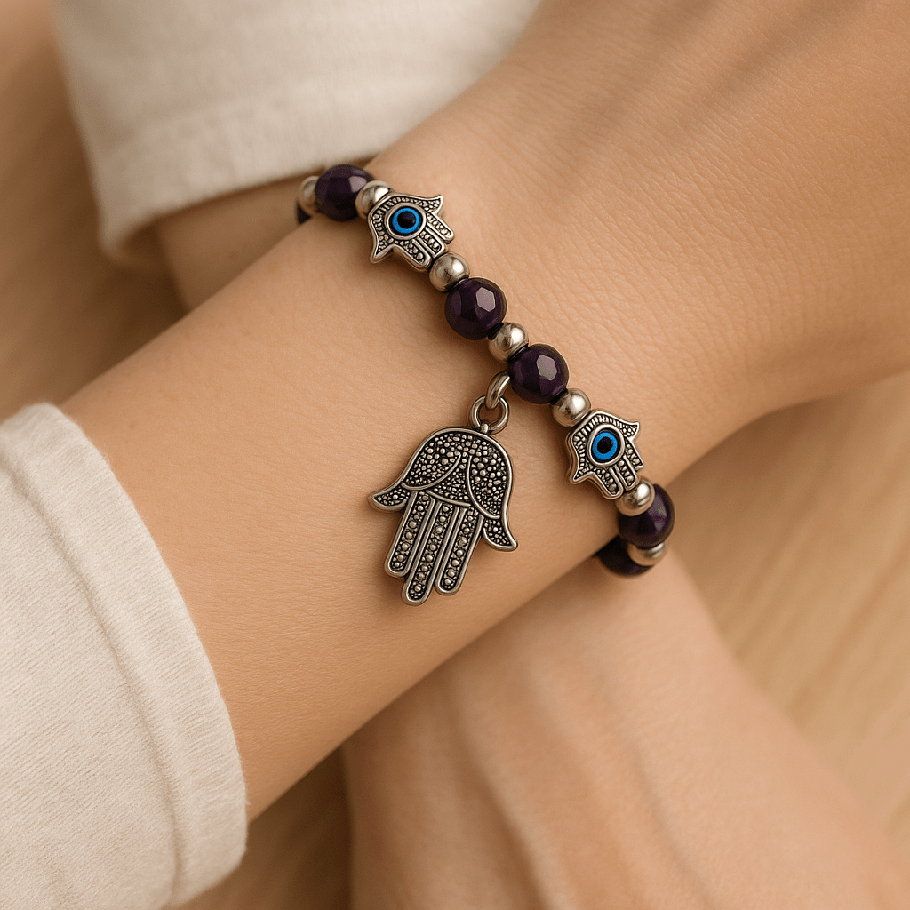 Evil Eye Bracelet - Beaded Design with Charms - 8mm - crystal lava stone bracelet - lifestyle shot - Aroma Paradise