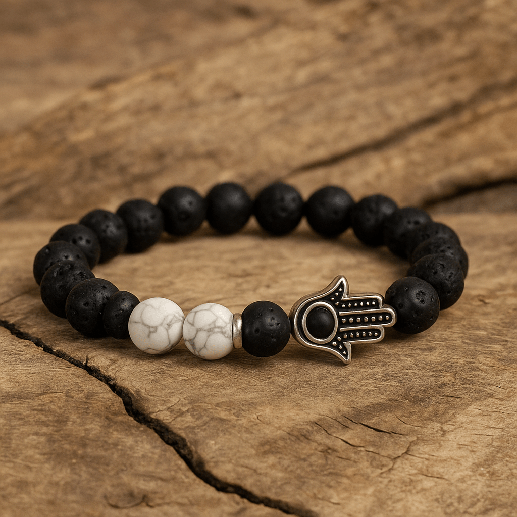 Howlite Hamsa Hand Bracelet - 8mm - crystal lava stone bracelet - Aroma Paradise