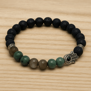 Hamsa Hand Bracelet with Gemstone – Lapis Lazuli, Turquoise, Howlite, Amazonite - 8mm - crystal lava stone bracelet - detail view - Aroma Paradise