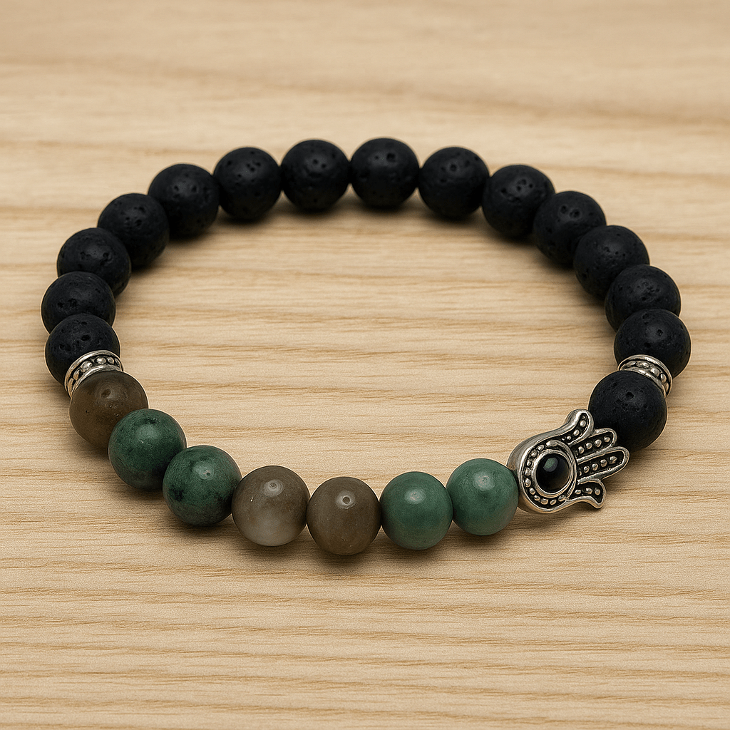 Hamsa Hand Bracelet with Gemstone – Lapis Lazuli, Turquoise, Howlite, Amazonite - 8mm - crystal lava stone bracelet - detail view - Aroma Paradise