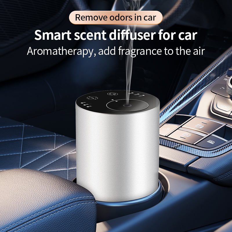 Smart scent diffuser for car in a vehicle's cup holder with text highlighting its odor removal and aromatherapy benefits.
