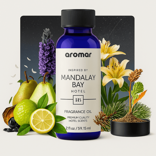 A bottle of Mandalay Bay Hotel inspired fragrance oil by Aroma Paradise, surrounded by a pear, lemon, flowers, and other greenery.