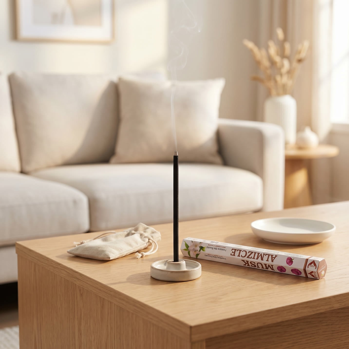 Aum Musk bambooless incense stick burning in modern living room with linen pouch and ceramic dish