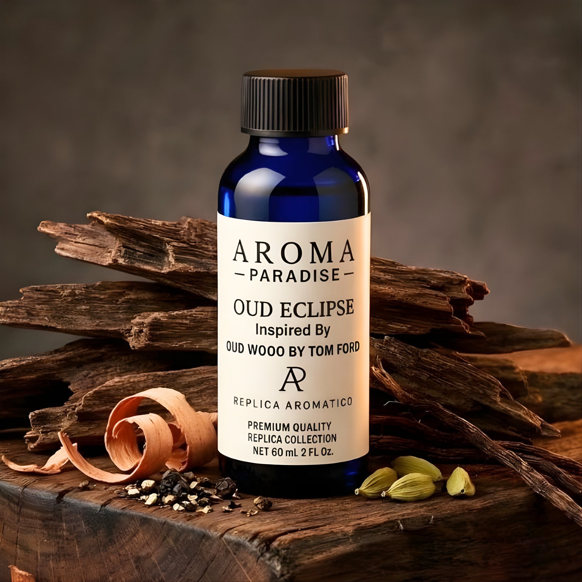 Bottle of Aroma Paradise Oud Eclipse on a wooden surface with dried herbs and wood shavings.