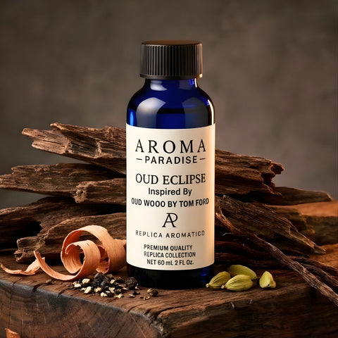 Bottle of Aroma Paradise Oud Eclipse on a wooden surface with dried herbs and wood shavings.