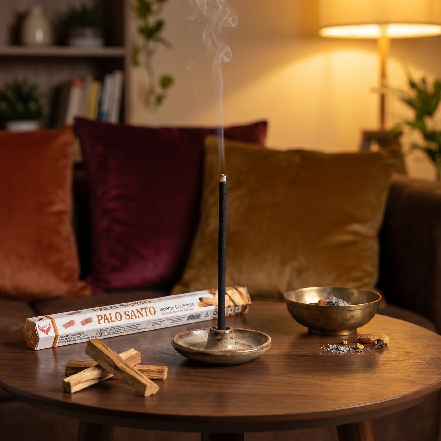 Aum Palo Santo bambooless incense stick burning in meditation corner with palo santo wood and quartz crystal