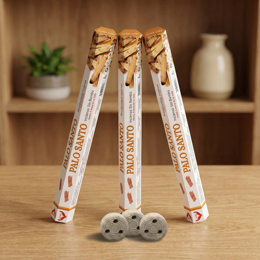 Aum Palo Santo bambooless incense sticks 3-pack with 3 metal coil holders on light oak wood surface