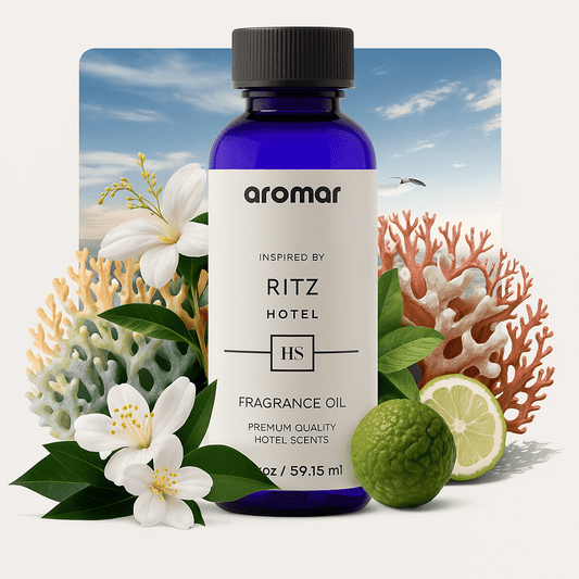 A bottle of Aroma Paradise fragrance oil with an image of a white flower, citrus fruits, and coral in the background, indicating a fresh and oceanic scent.