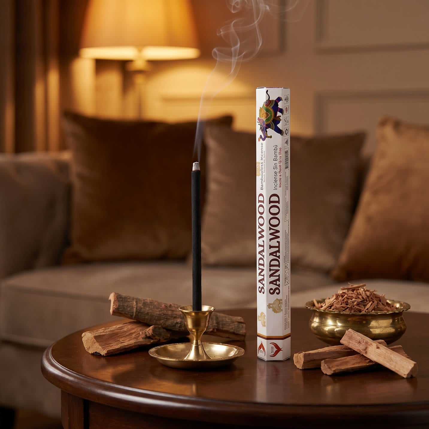 Aum Sandalwood bambooless incense stick burning in elegant living room with sandalwood bark and brass bowl