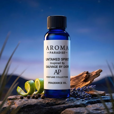 Aroma Paradise fragrance oil bottle with natural elements on a blurred background