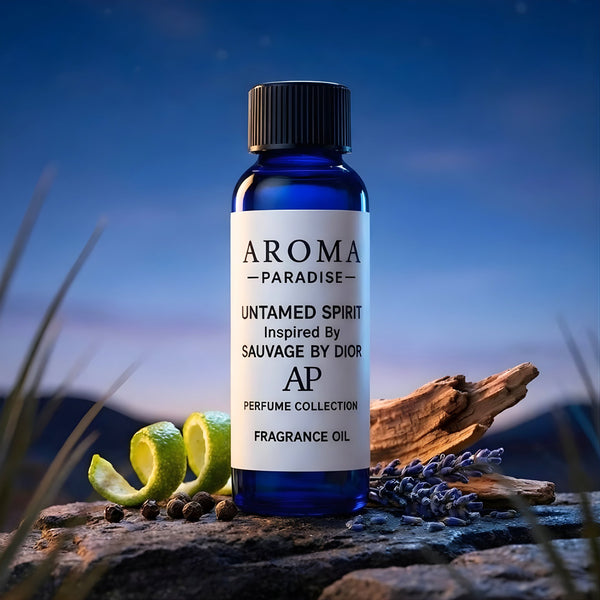 Aroma Paradise fragrance oil bottle with natural elements on a blurred background