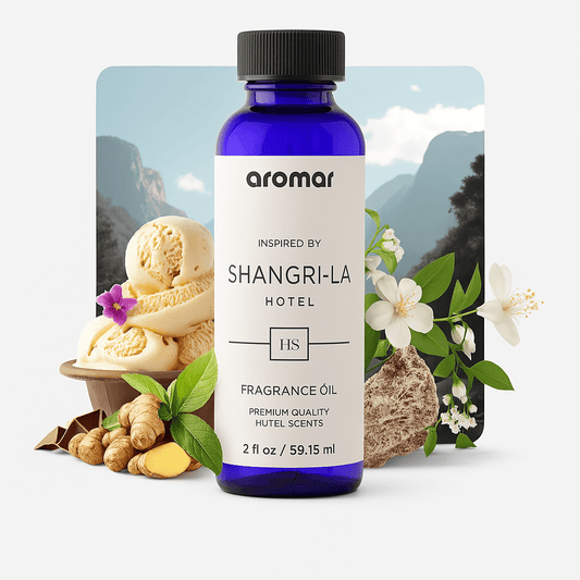 A bottle of 'Shangri-La Hotel inspired Fragrance Oil' by Aroma Paradise, depicted with natural elements like flowers, fruits, and wood, suggesting the scent's earthy and serene inspiration.