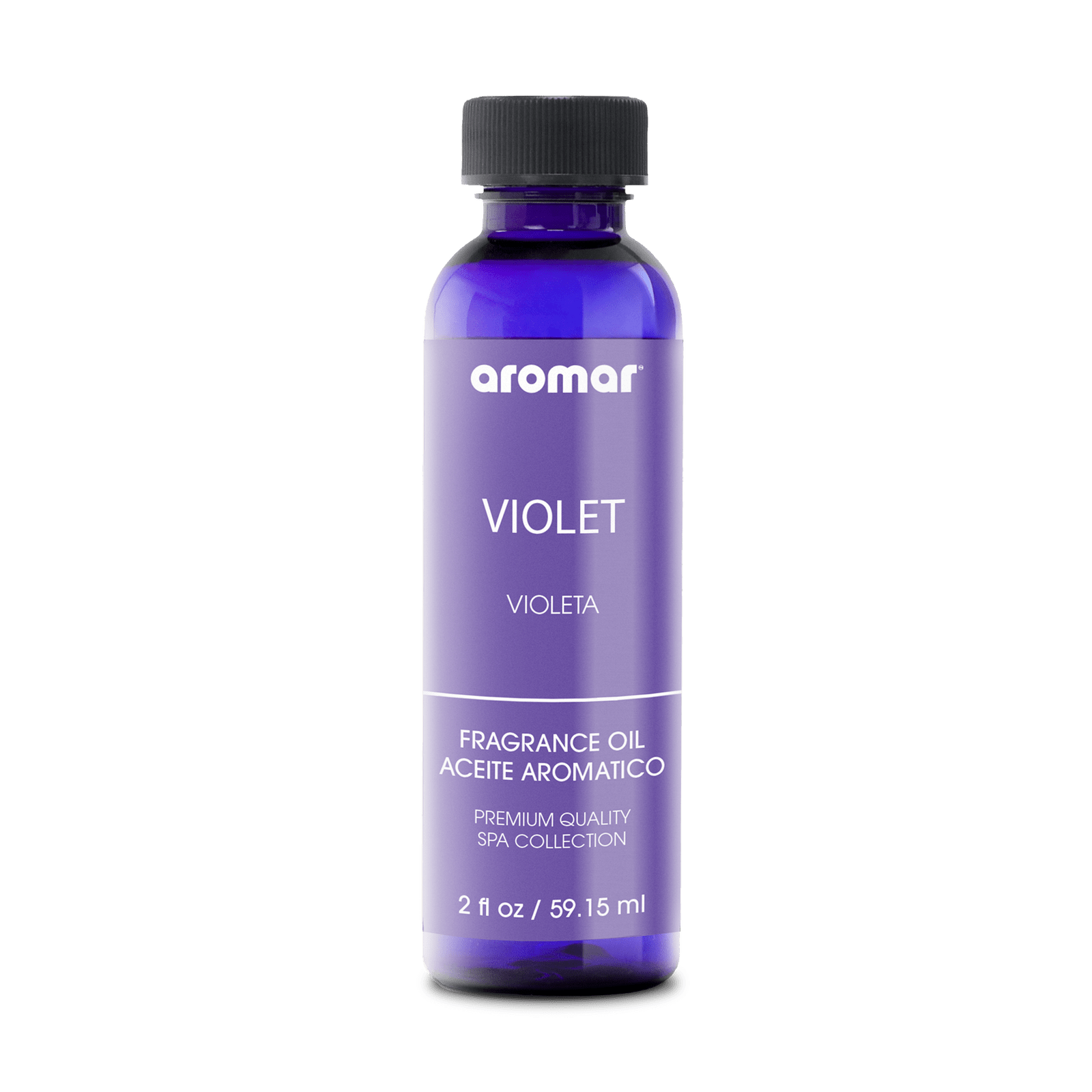 A bottle of Violet fragrance oil with a purple label, under the brand name Aromar. The bottle is filled with a clear liquid and has a black cap.