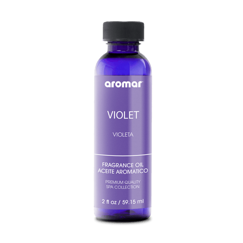 A bottle of Violet fragrance oil with a purple label, under the brand name Aromar. The bottle is filled with a clear liquid and has a black cap.