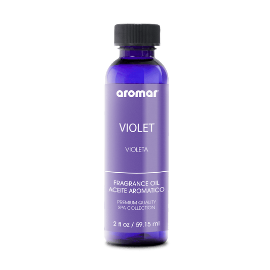 A bottle of Violet fragrance oil with a purple label, under the brand name Aromar. The bottle is filled with a clear liquid and has a black cap.