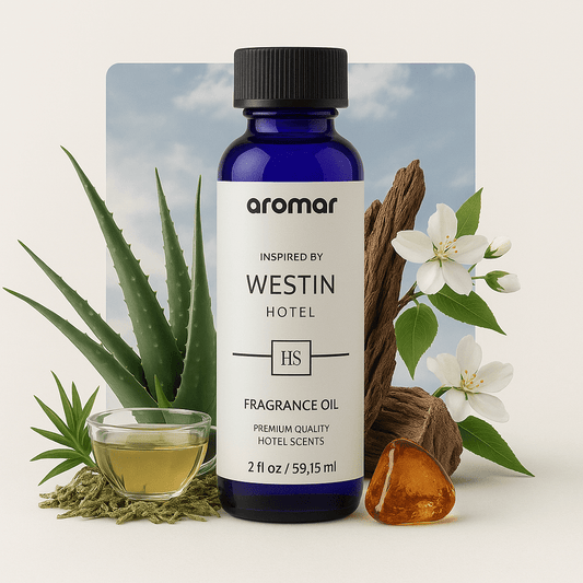 A bottle of 'Westin Hotel inspired Fragrance Oil' by Aroma Paradise, displayed with aloe vera, white tea, amber, cedarwood, and vanilla elements around it, against a blue background with a white flower.