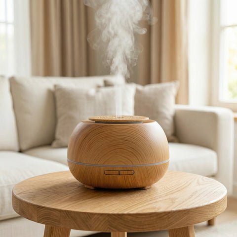 Compact round light wood grain diffuser with carved top lid misting on a side table - Aroma Paradise