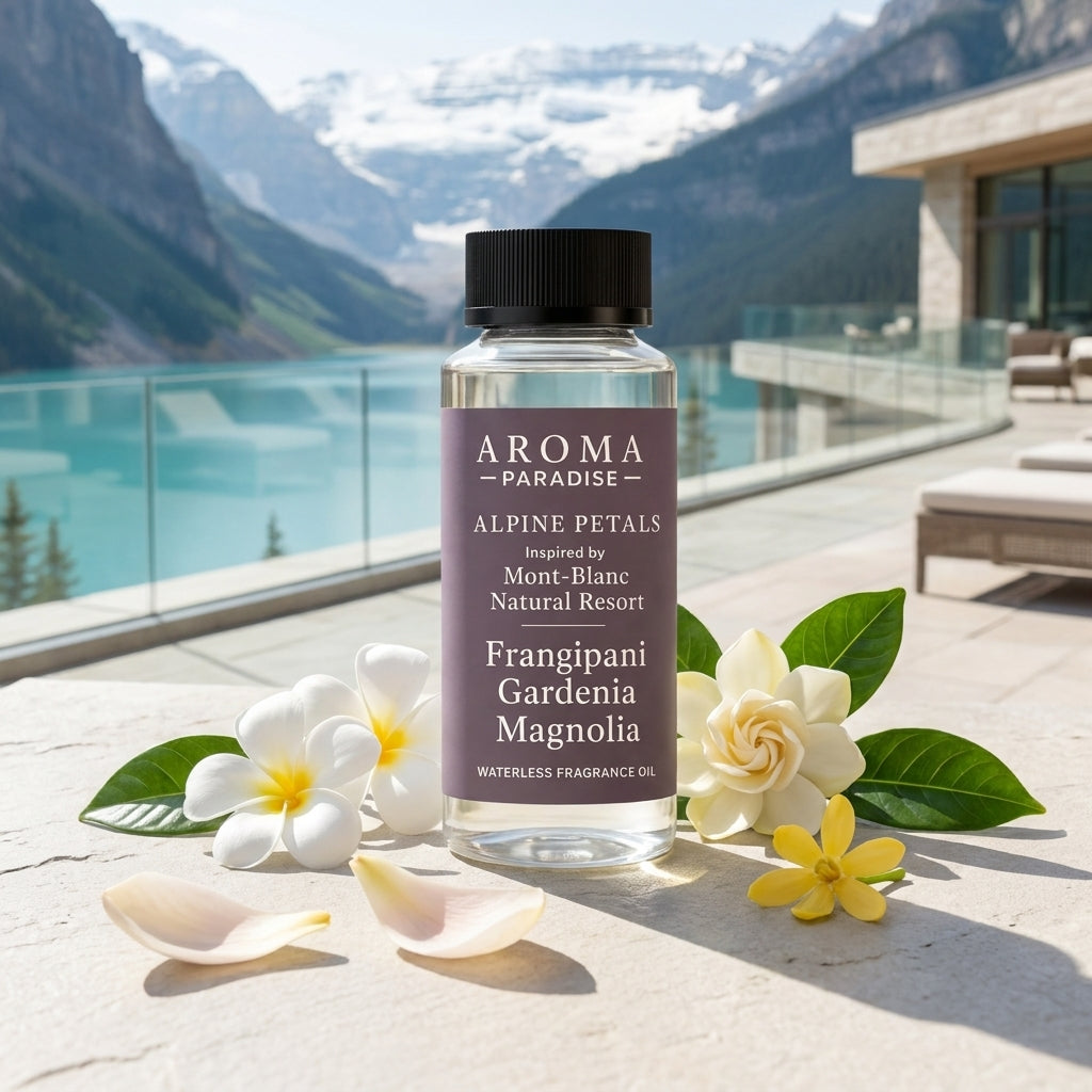 Aroma Paradise Alpine Petals waterless fragrance oil inspired by Mont-Blanc Natural Resort in an immersive destination scent setting