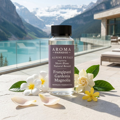 Aroma Paradise Alpine Petals waterless fragrance oil inspired by Mont-Blanc Natural Resort in an immersive destination scent setting