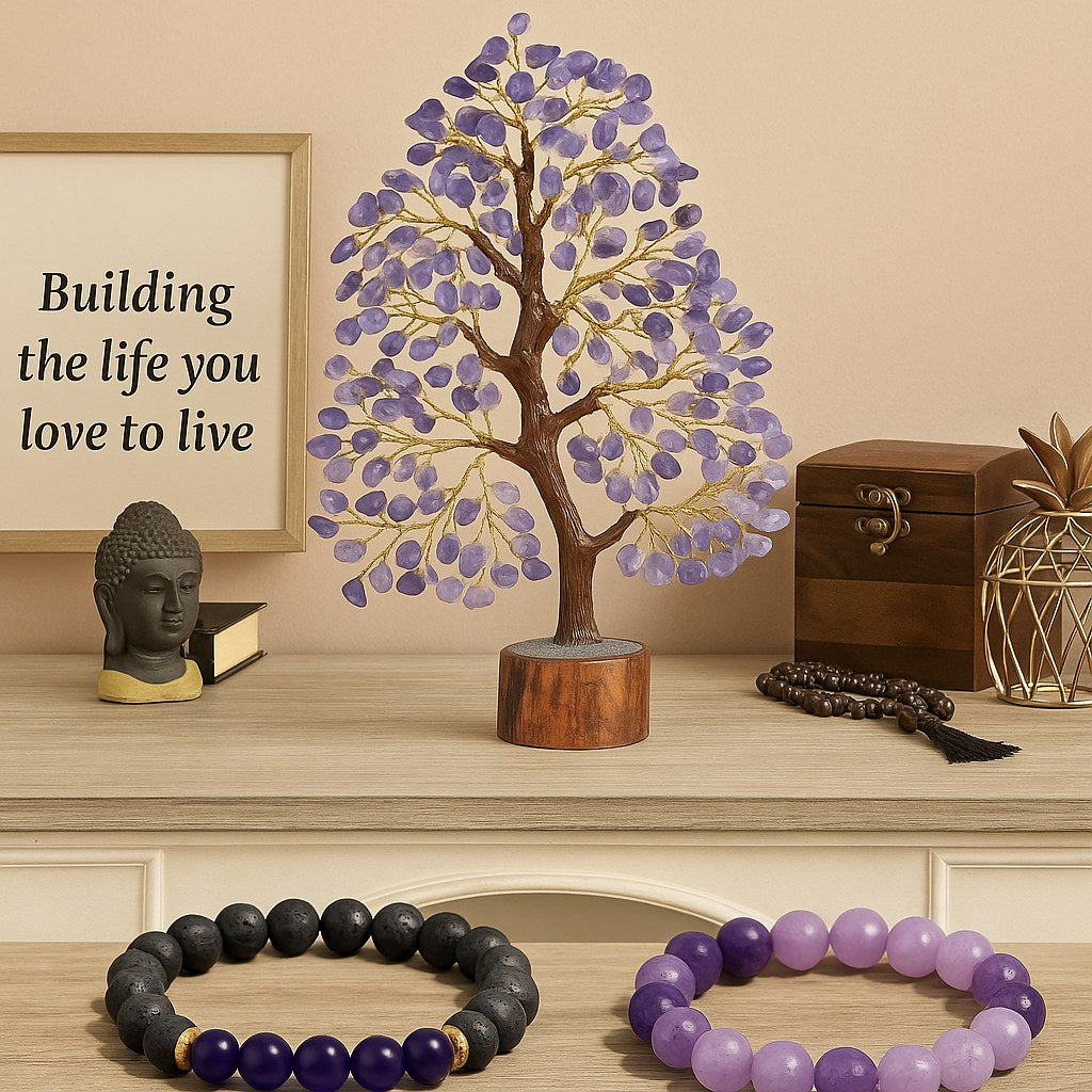 Amethyst Gemstone Tree Gift Pack – With Amethyst & Lava Stone Bracelets (8mm & 10mm) - crystal lava stone bracelet - Aroma Paradise
