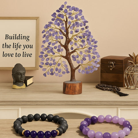 Amethyst Gemstone Tree Gift Pack – With Amethyst & Lava Stone Bracelets (8mm & 10mm) - crystal lava stone bracelet - Aroma Paradise
