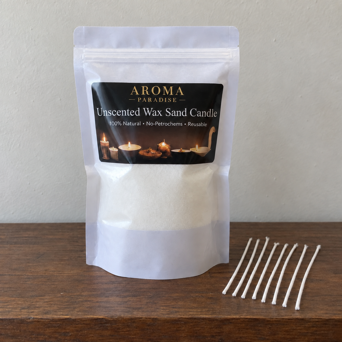 Aroma Paradise unscented candle sand pouch with eight cotton wicks