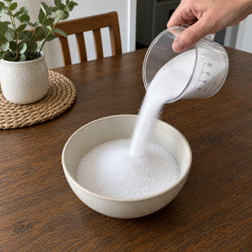 Pouring white candle sand into a bowl