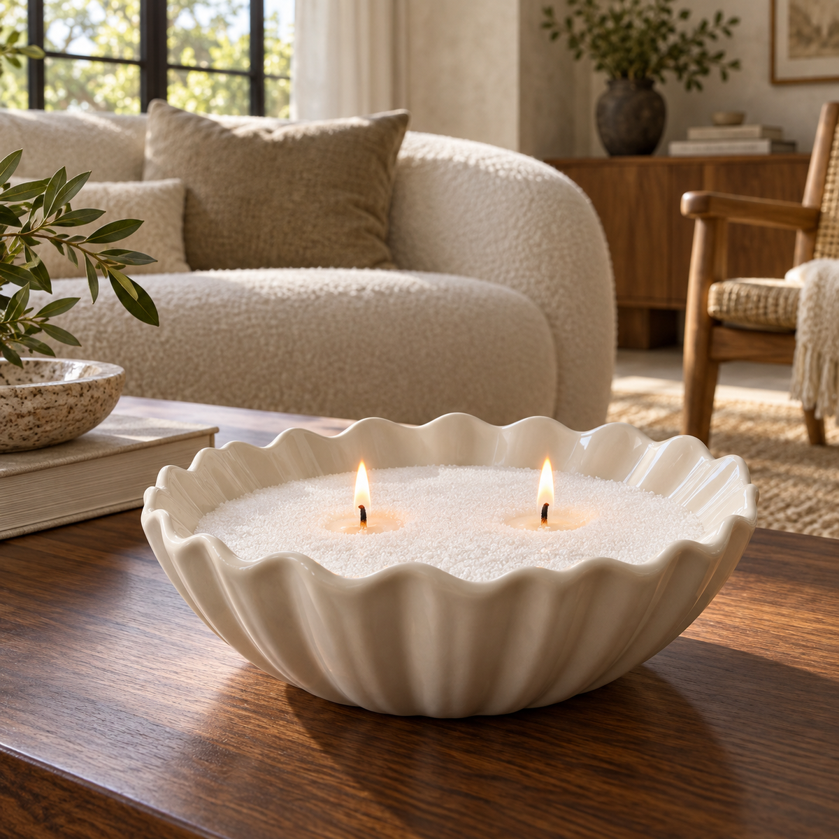 Candle sand in a fluted ivory bowl in a sunlit living room
