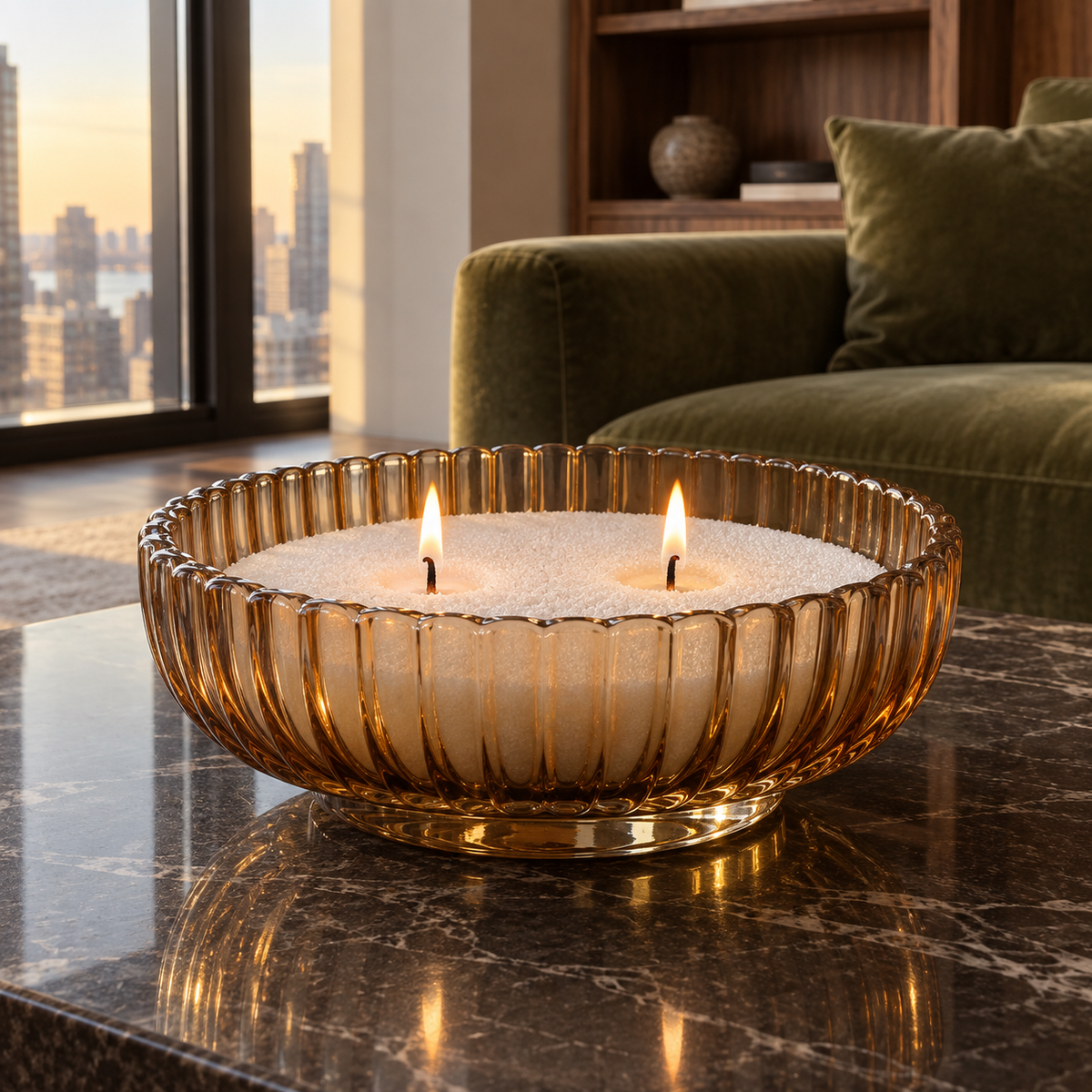 Candle sand in ribbed glass in a modern home