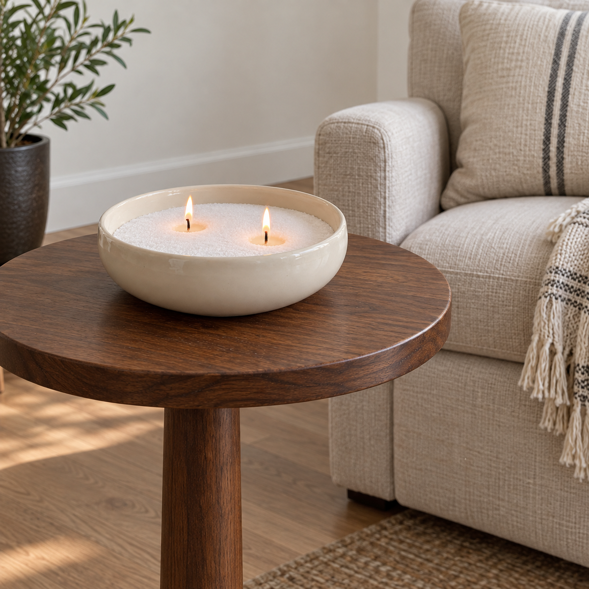 Candle sand in an ivory bowl on a raised walnut side table