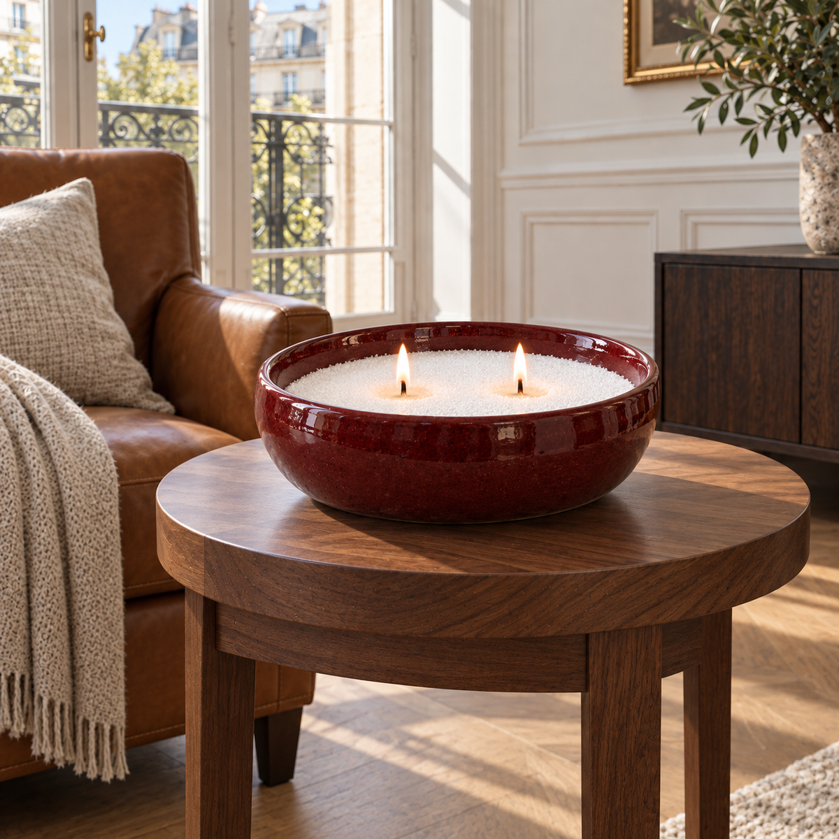 Candle sand in a burgundy bowl on a raised walnut table