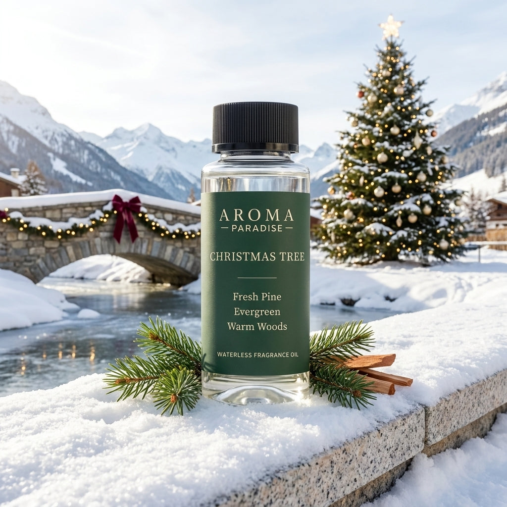Aroma Paradise Christmas Tree waterless fragrance oil in a decorated alpine Christmas setting