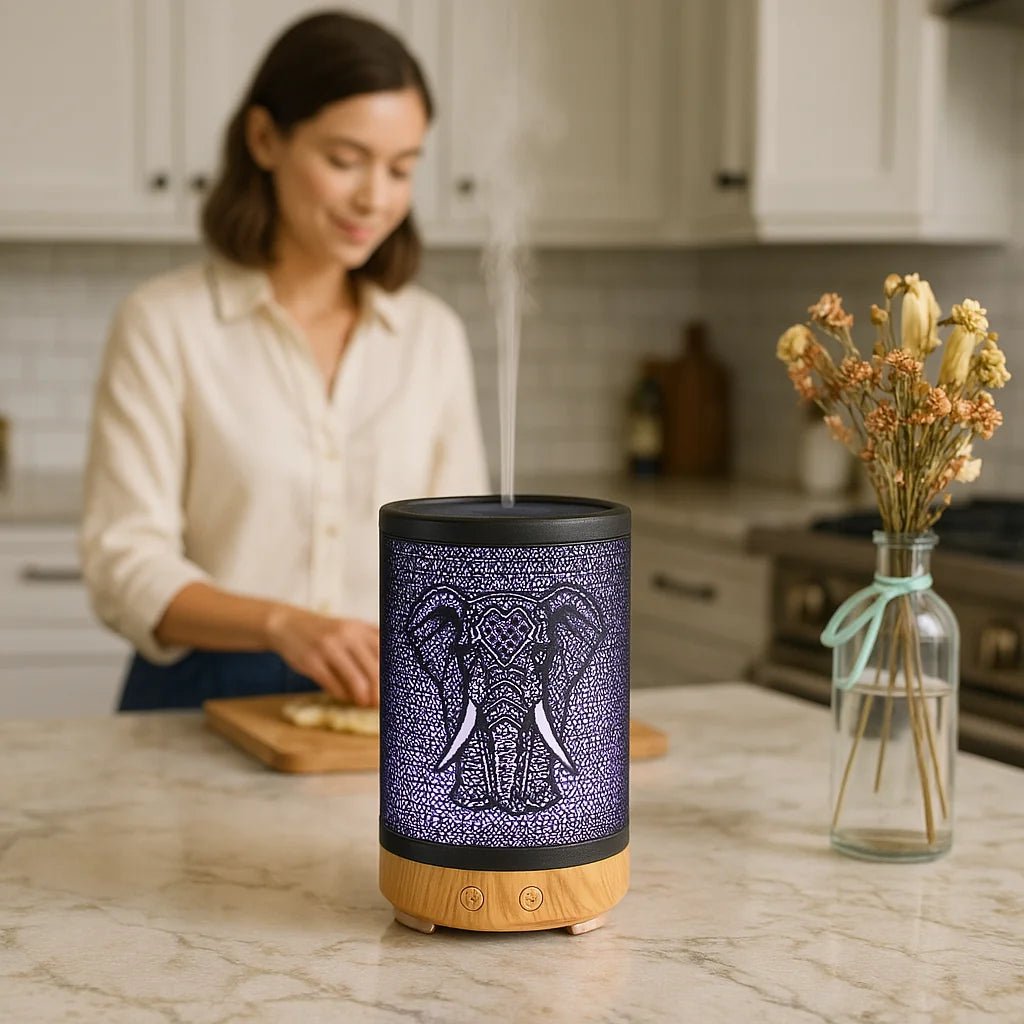 Elephant Ultrasonic Essential Oil Diffuser & Cool Mist Humidifier – LED Night Light, Auto Shut-Off & Whisper Quiet for Home & Office - Metal - 100 ml ultrasonic essential oil diffuser and humidifier - lifestyle shot - Aroma Paradise