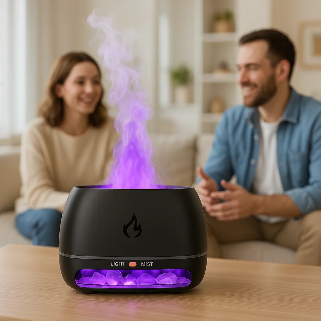 Himalayan Salt Flame Ultrasonic Essential Oil Diffuser & Cool Mist Humidifier – LED Night Light, Auto Shut-Off & Whisper Quiet for Home & Office V2 ultrasonic essential oil diffuser and humidifier - lifestyle shot - Aroma Paradise