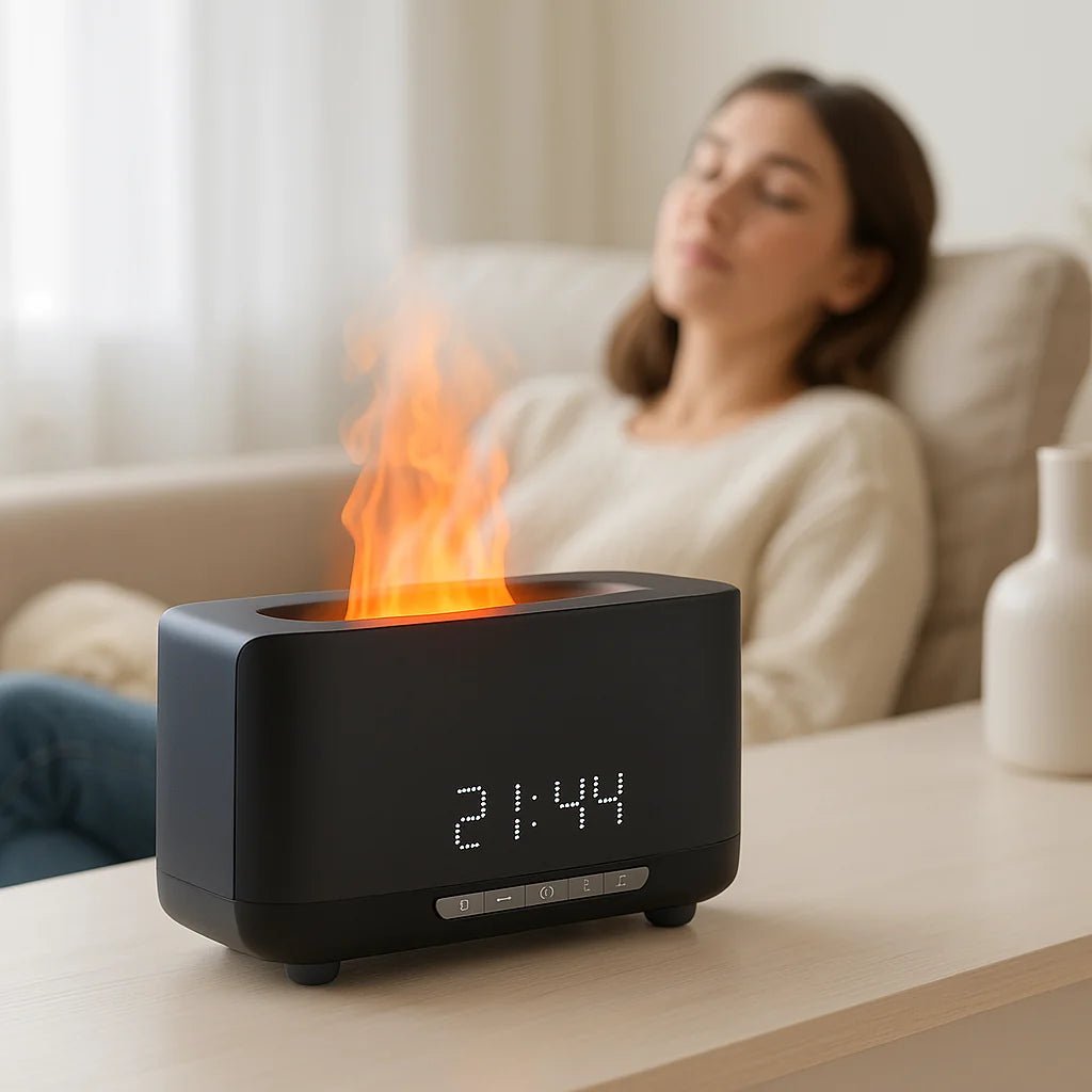 5 in 1 Speaker Flame Ultrasonic Essential Oil Diffuser & Cool Mist Humidifier – LED Night Light, Auto Shut-Off & Whisper Quiet for Home & Office (with remote) ultrasonic essential oil diffuser and humidifier - lifestyle shot - Aroma Paradise