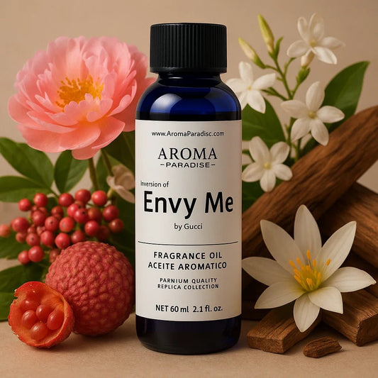Bottle of Aroma Paradise Envy Me fragrance oil with flowers and spices on a beige background