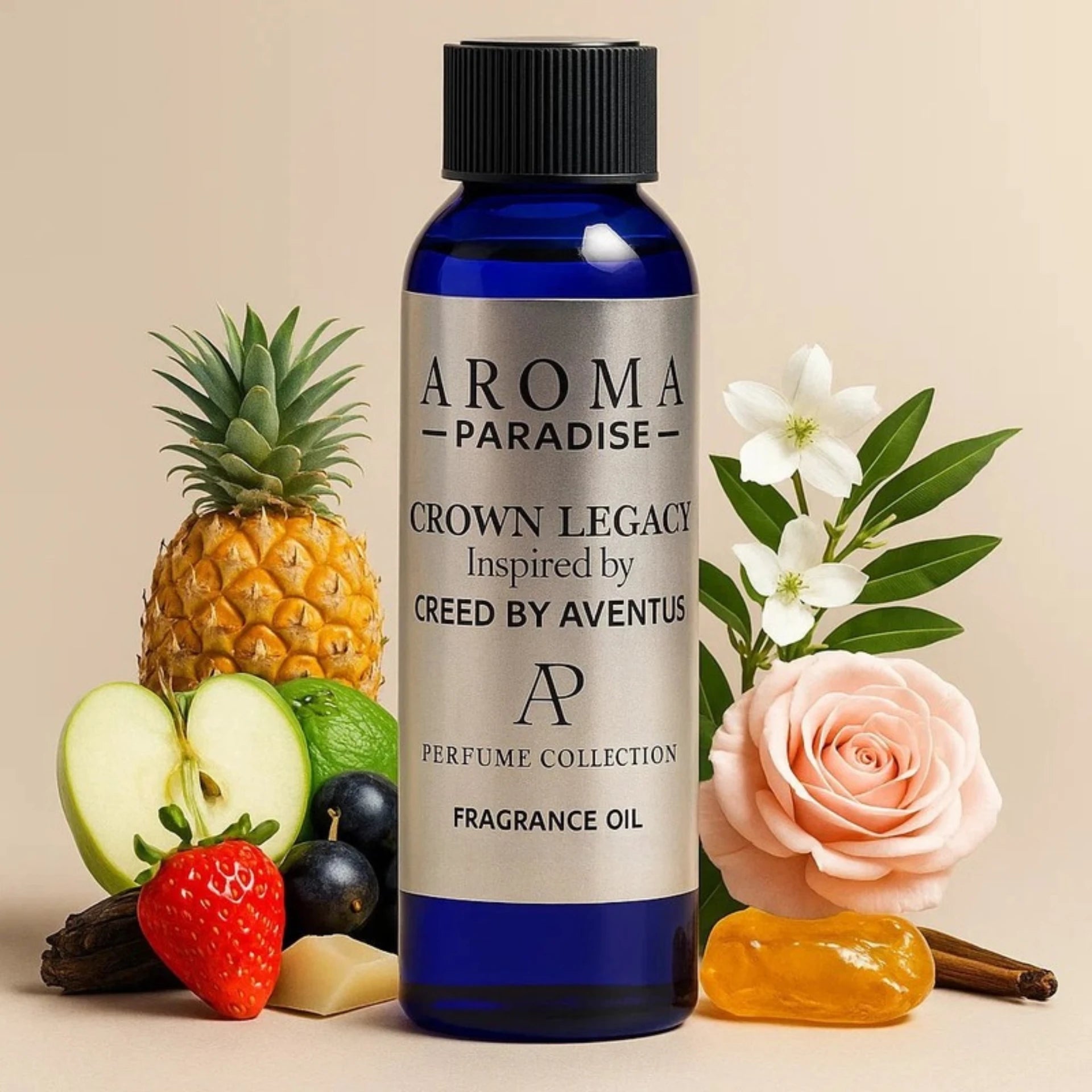 Aroma Paradise fragrance oil bottle with fruits, flowers, and a pineapple on a beige background