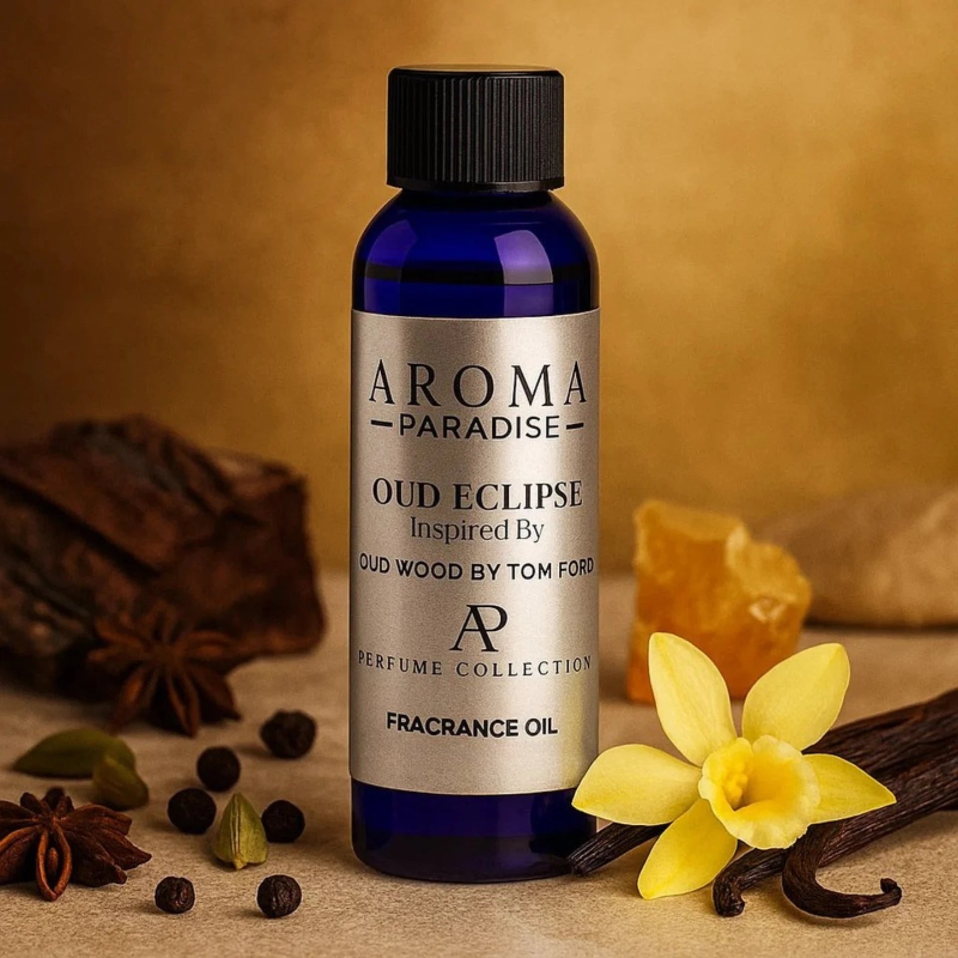 Aroma Paradise Oud Eclipse perfume oil bottle with vanilla flower and spices on a brown background