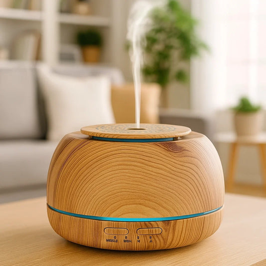 Wood Round Ultrasonic Essential Oil Diffuser & Cool Mist Humidifier – LED Night Light, Auto Shut-Off & Whisper Quiet for Home & Office (With Remote)