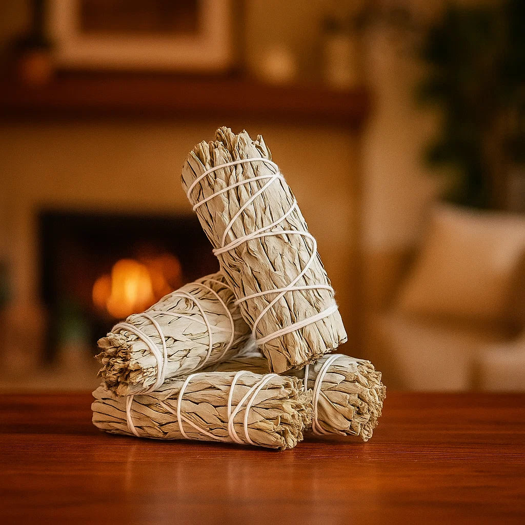 Three bundles of sage wrapped in twine on a wooden surface with a blurred background