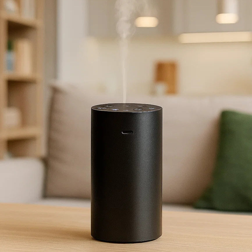 Black cylindrical diffuser on a wooden table with a blurred living room background