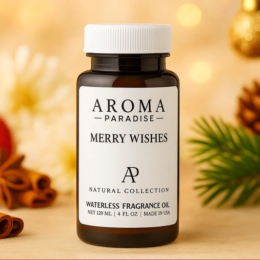 Bottle of Aroma Paradise Merry Wishes fragrance oil with festive background