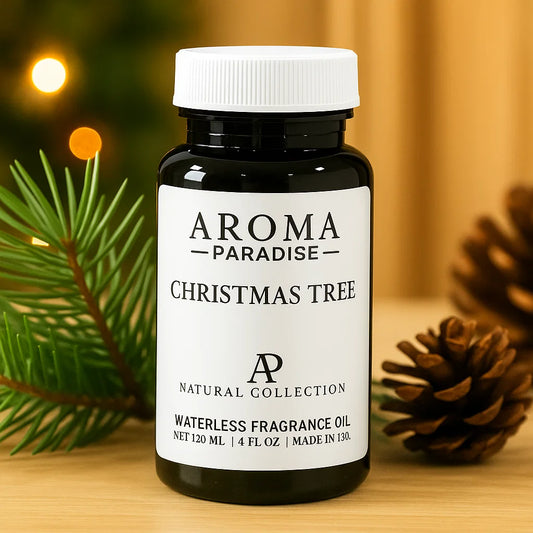 Aroma Paradise Christmas Tree fragrance oil bottle with festive background